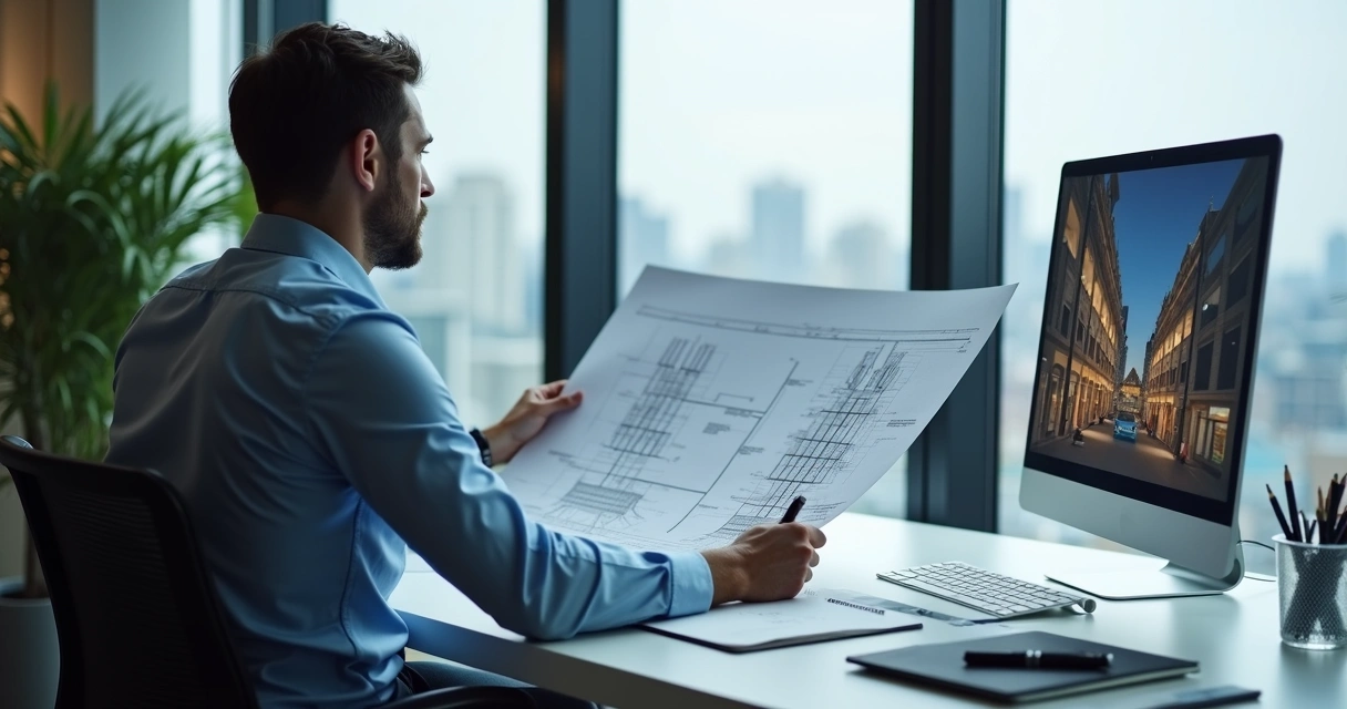 Engenheiro analisando laudo técnico em mesa com plantas e bloco de notas 