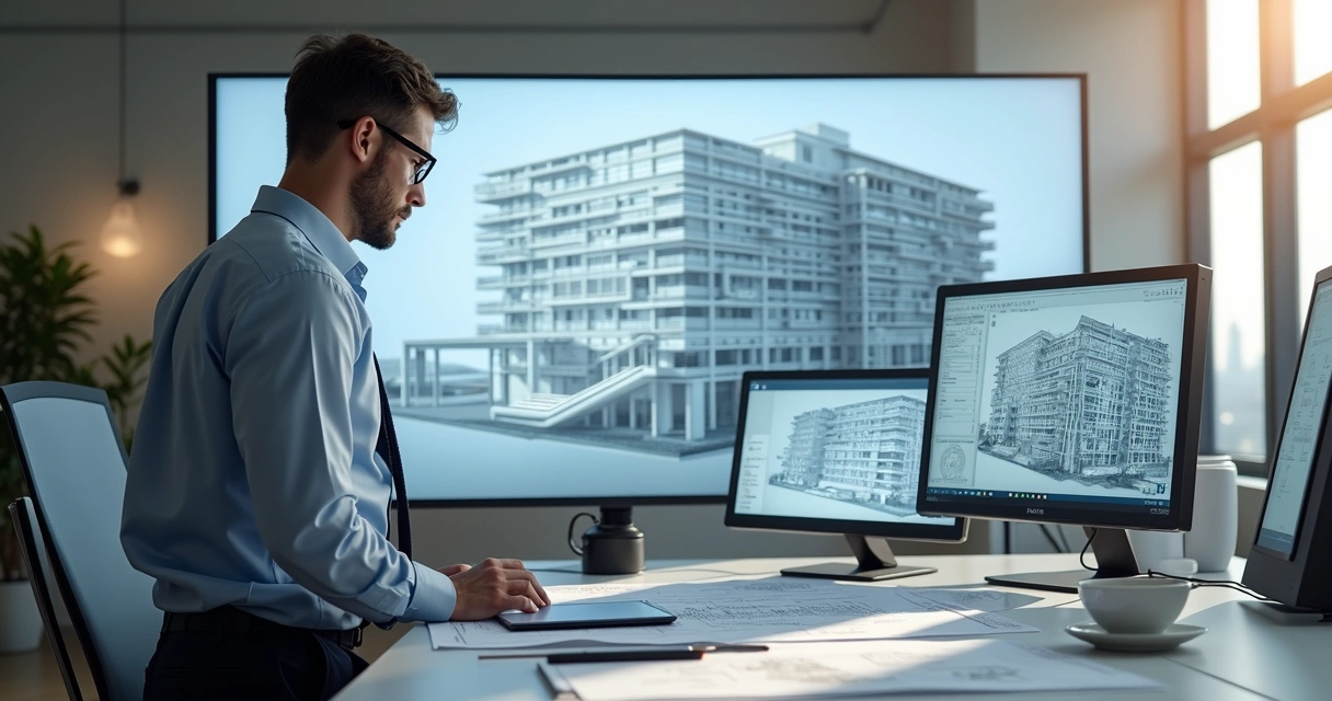 Engenheiro visualiza projeto 3D em tela digital 