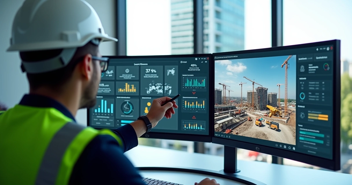 Engenheiro observa painel digital com métricas visuais de monitoramento de obra 