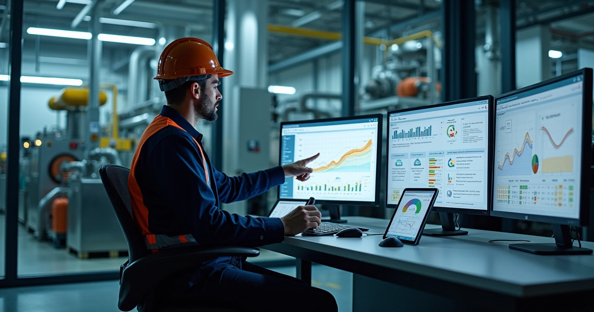 Engenheiro analisa painel digital de indicadores de confiabilidade em fábrica 