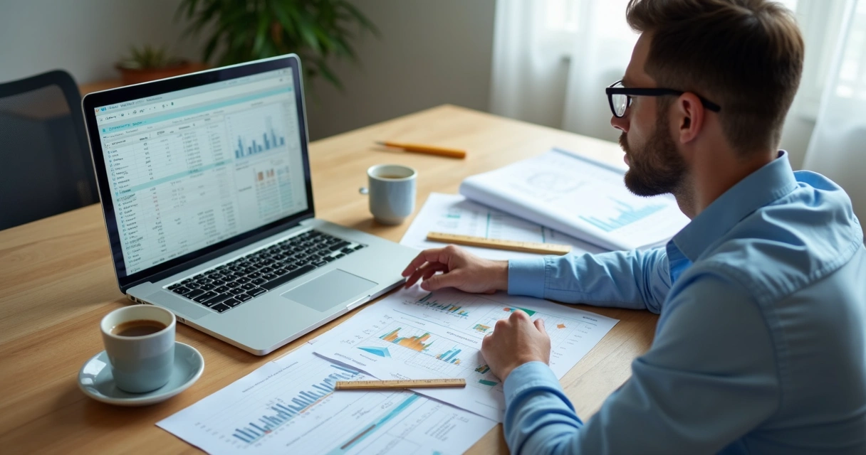 Engenheiro analisa planilha de investimentos na mesa de trabalho 