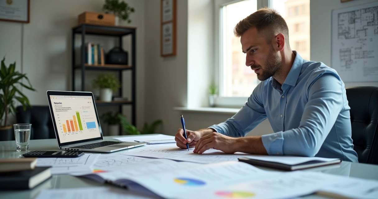Engenheiro revisando documentos técnicos em mesa de trabalho 