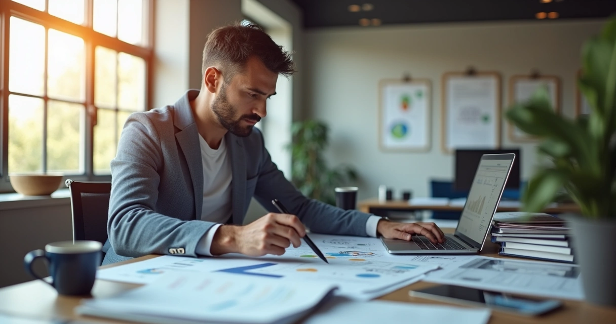 Engenheiro analisando documentos técnicos e laudo em escritório 