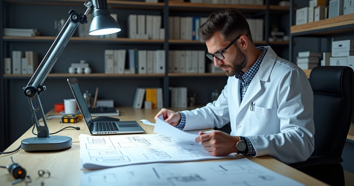 Engenheiro analisando documentos e equipamentos técnicos 