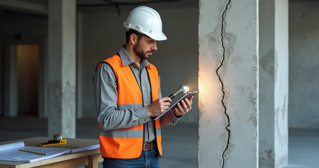 Engenheiro em capacete branco analisando estrutura de concreto 