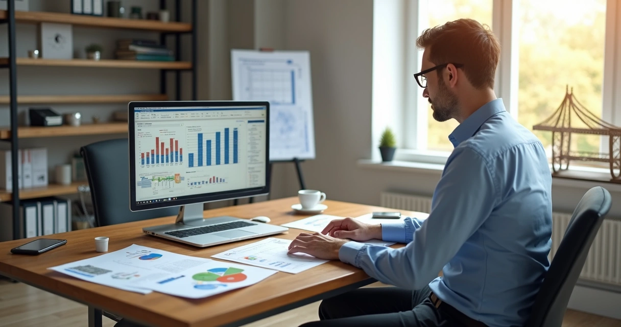 Engenheiro analisando gráficos de investimento em um escritório moderno 