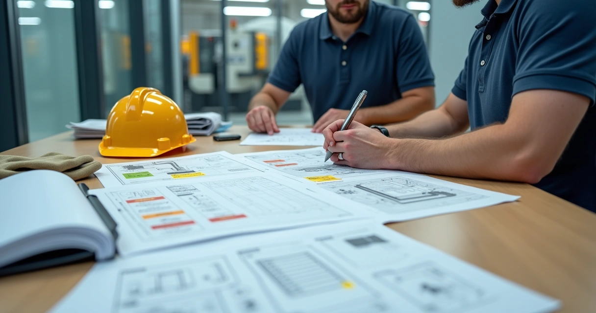 Engenheiro analisando laudo técnico de segurança com diagramas elétricos e máquina ao fundo 