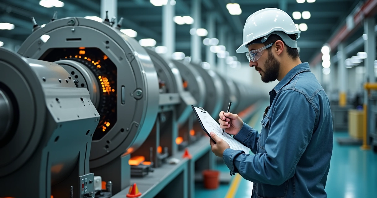 Engenheiro examinando máquina industrial durante inspeção de segurança 