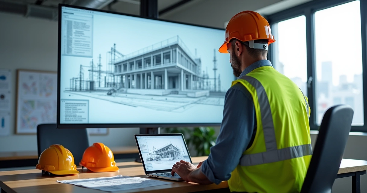 Engenheiro analisando planta baixa digital em escritório com tablet e computador 