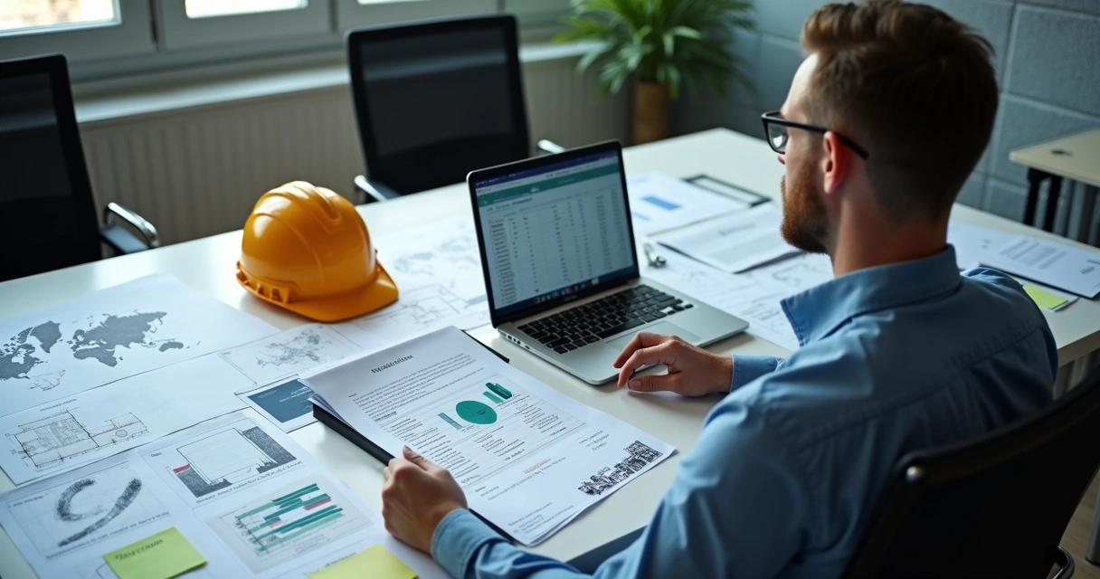 Engenheiro analisando propostas em mesa com documentos e notebook 