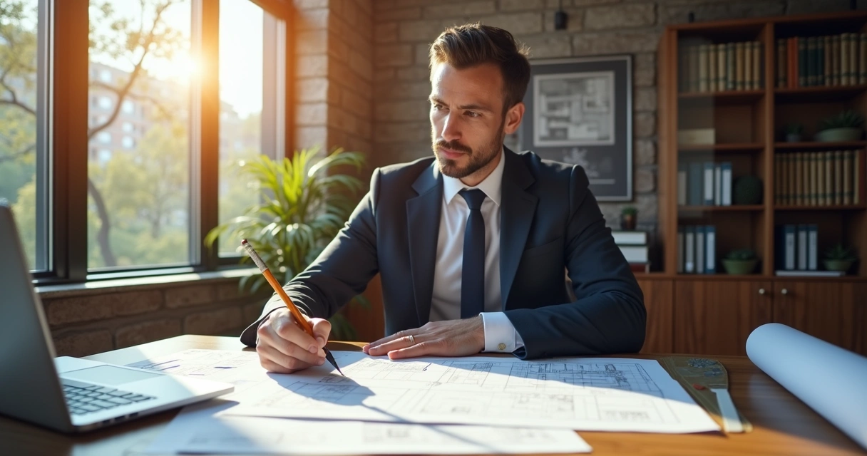 Engenheiro revisa relatório pericial em mesa com plantas e documentos 