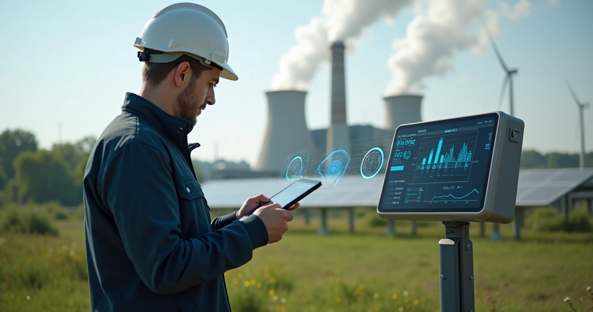 Engenheiro analisando dados em tablet à frente de estação ambiental e fábrica ao fundo. 