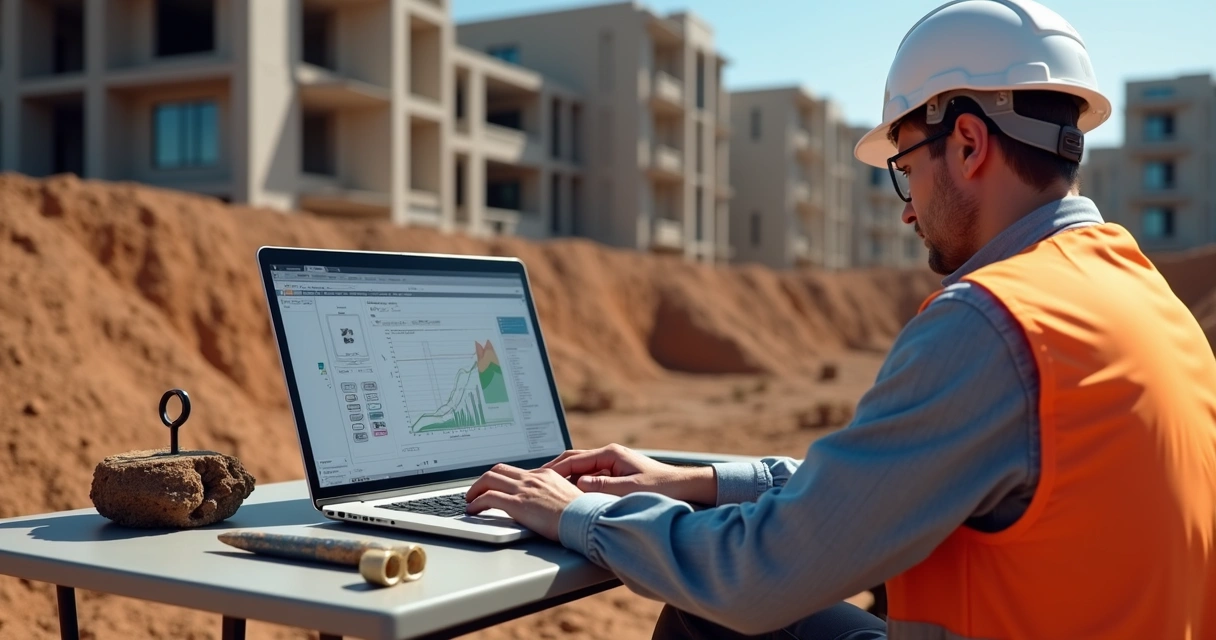 Engenheiro utilizando notebook para analisar dados de solo com gráficos ao lado 