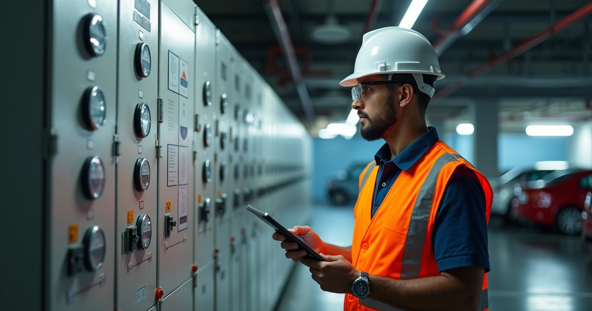 Engenheiro analisando painel elétrico de estacionamento com tablet na mão