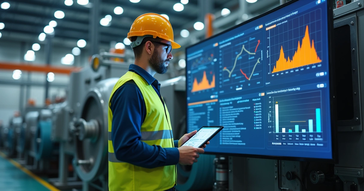 Engenheiro de manutenção analisando gráfico de causas de falha em fábrica industrial 