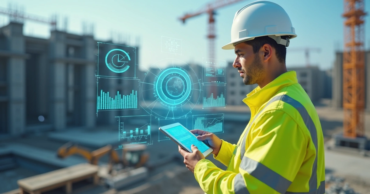 Engenheiro analisa equipamentos em obra utilizando tablet com gráficos digitais 