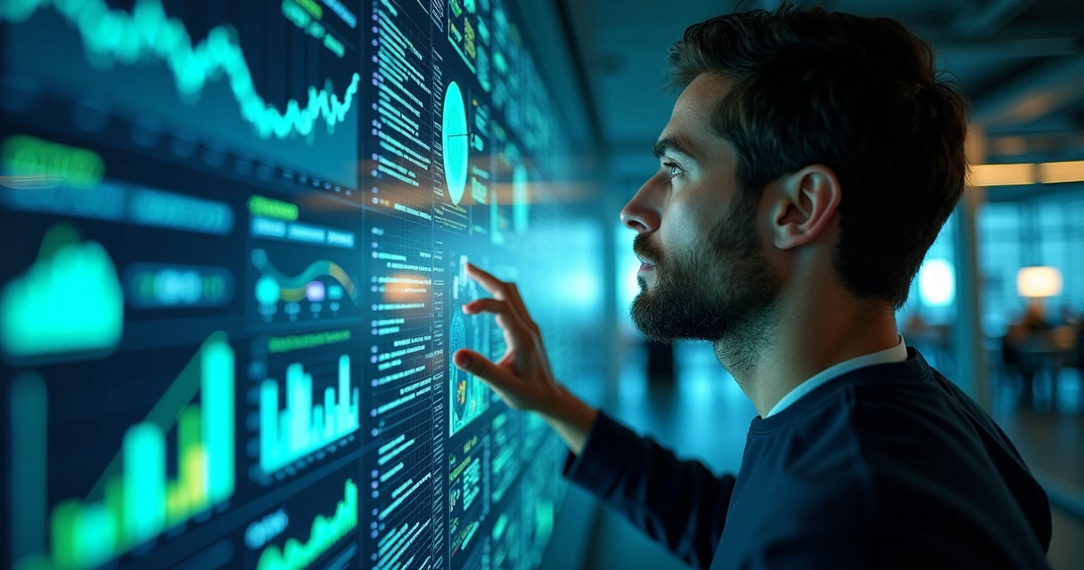 Engenheiro analisando dashboard digital com gráficos de pipeline e inteligência artificial 