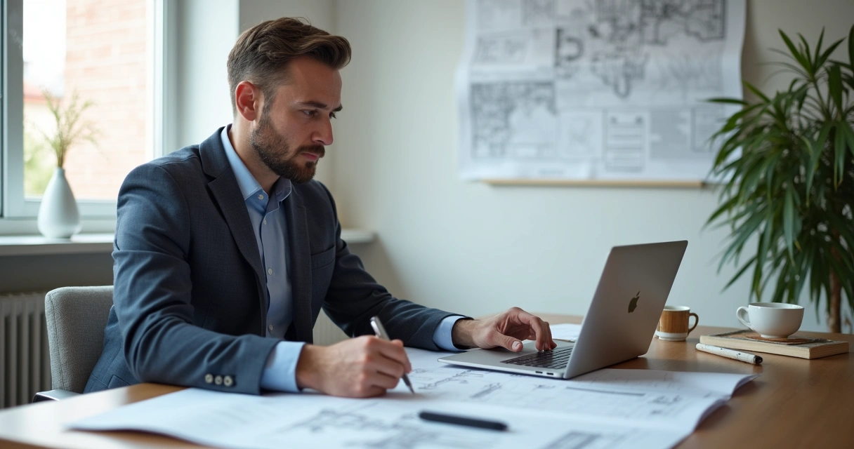 Engenheiro analisando documentos técnicos em mesa com projetos e laptop 