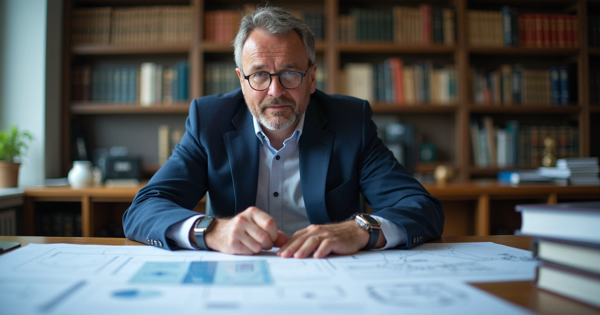 Engenheiro analisando documentos e projetos técnicos em mesa de reunião judicial 