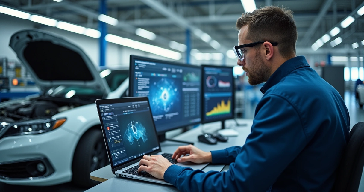 Engenheiro automotivo analisando sistema eletrônico de direção em notebook ao lado do carro 