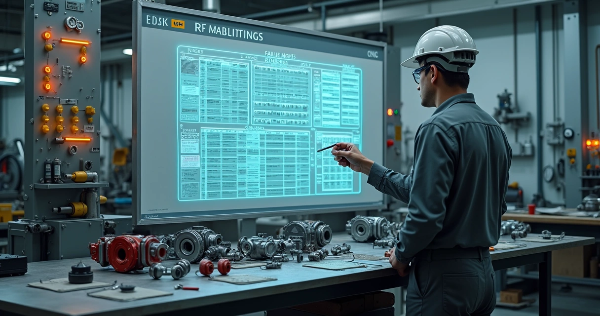 Engenheiro avaliando componentes mecânicos com diagrama de análise FMEA ao fundo 