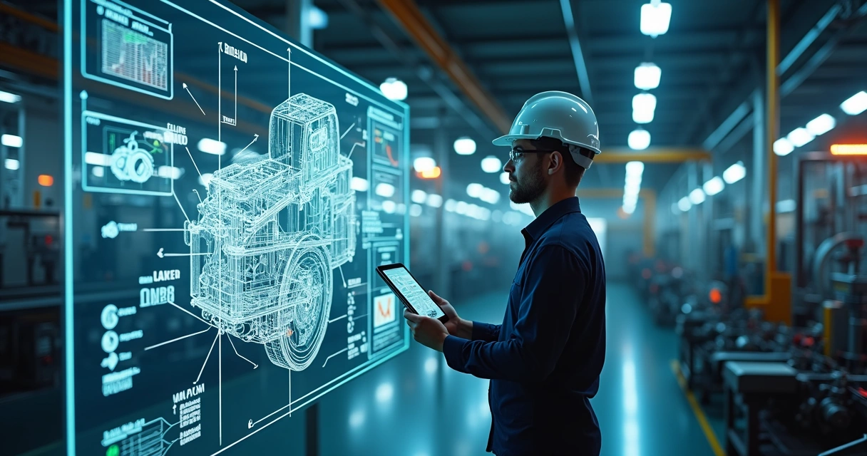 Engenheiro de manutenção analisando diagrama FMEA em planta industrial futurista 