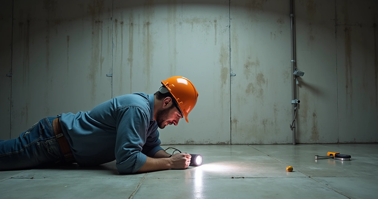 Engenheiro analisando laje com manchas de umidade 