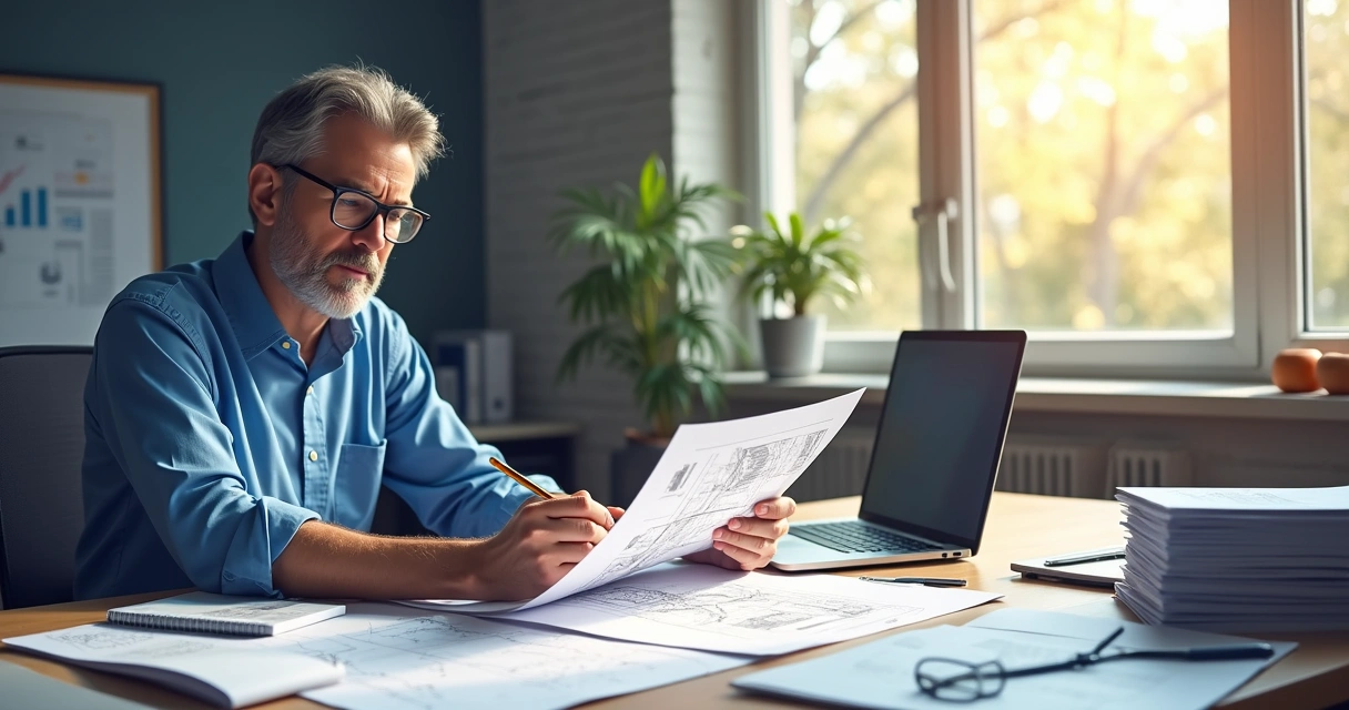Engenheiro com prancheta revisando laudo técnico em escritório 