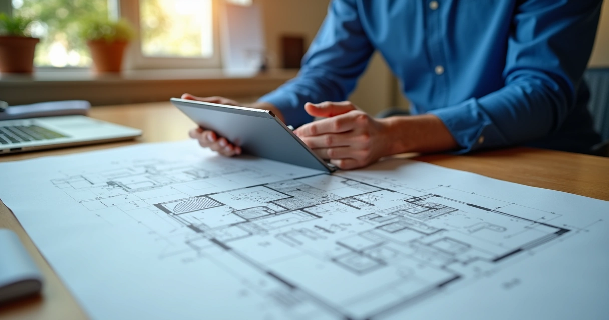 Engenheiro analisando projeto de construção em mesa com plantas e tablet 