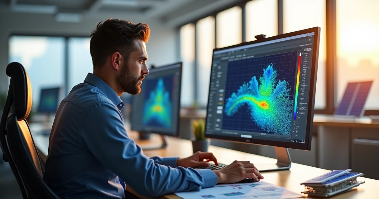 Engenheiro analisando simulação de usina solar no computador 