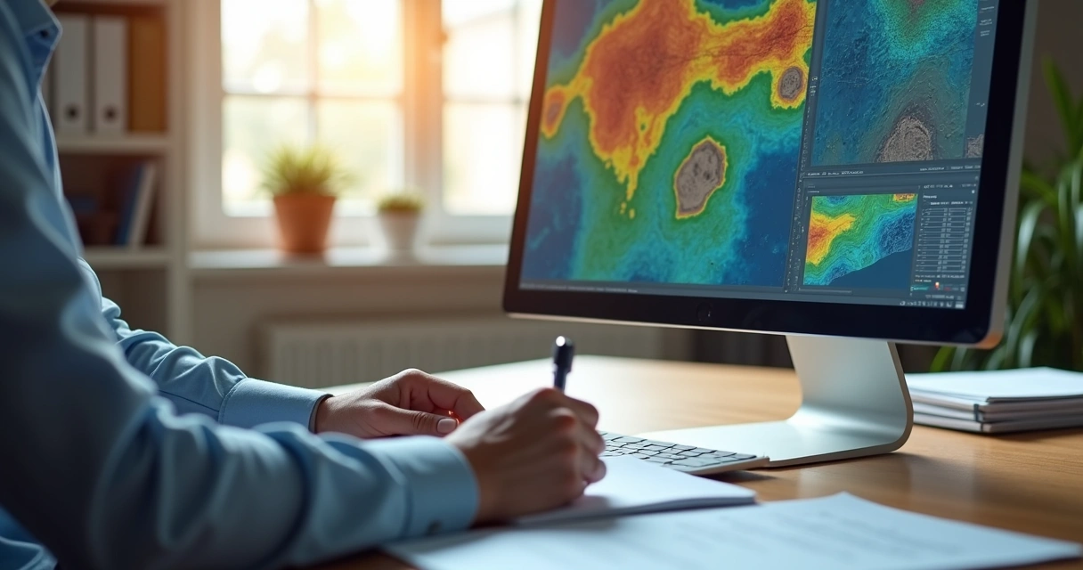 Engenheiro civil analisando dados sísmicos no computador 