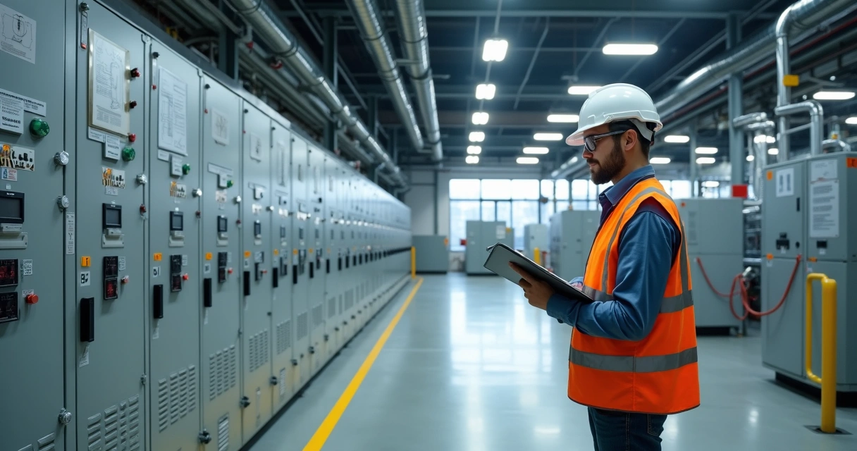 Engenheiro avaliando painel de subestação em indústria moderna 