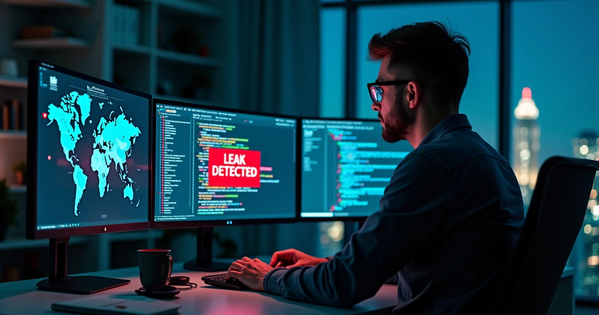 Engenheiro analisando vazamento de dados em milhões de linhas de código 