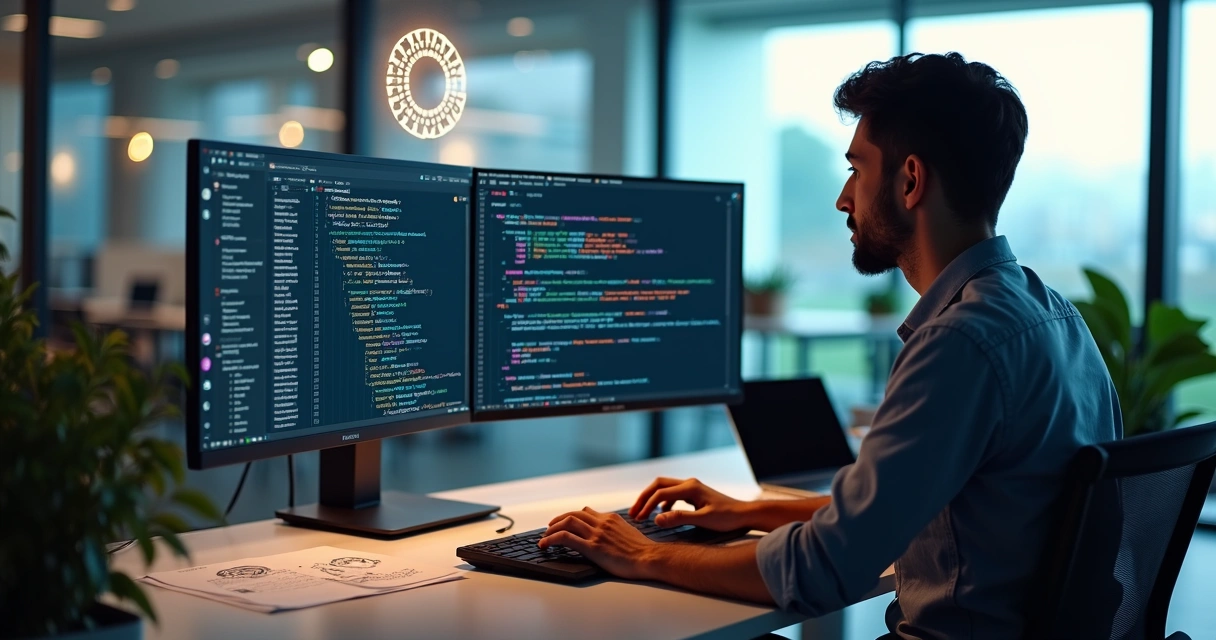 Engenheiro de software conectando múltiplas linguagens à API fiscal em ambiente moderno 
