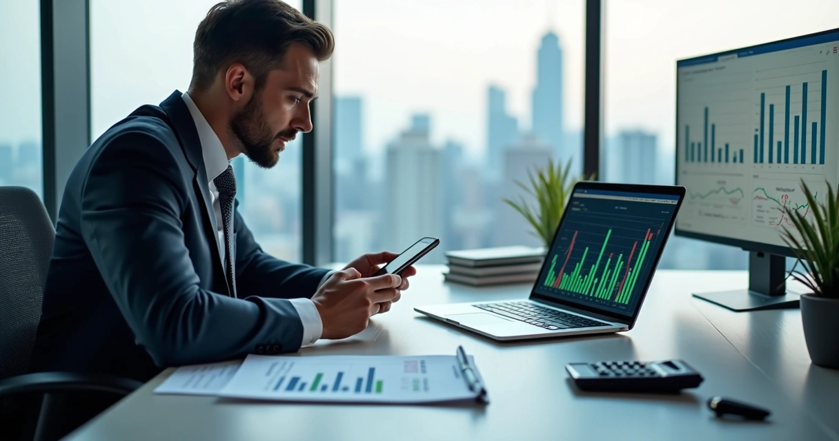 Engenheiro analisando aplicativo financeiro em smartphone