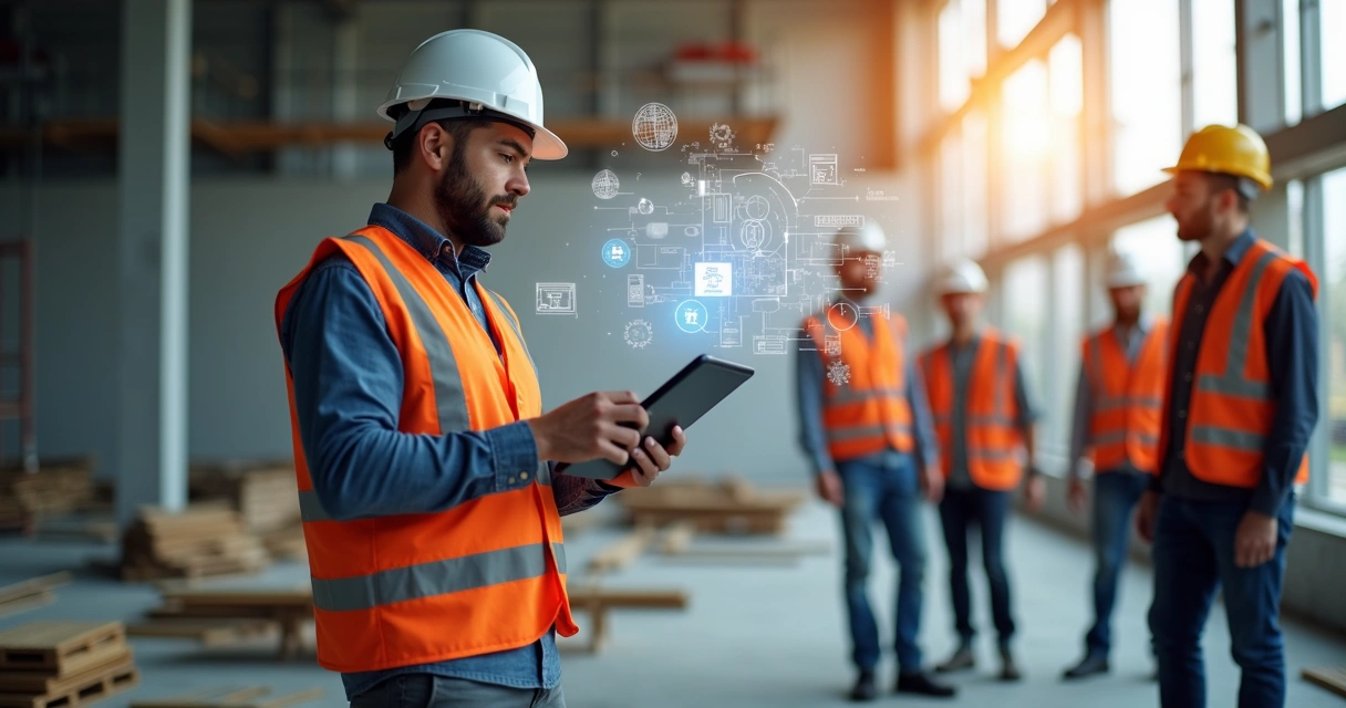 Engenheiro usando aplicativo em obra com prancheta digital e ao fundo colaboradores trabalhando 