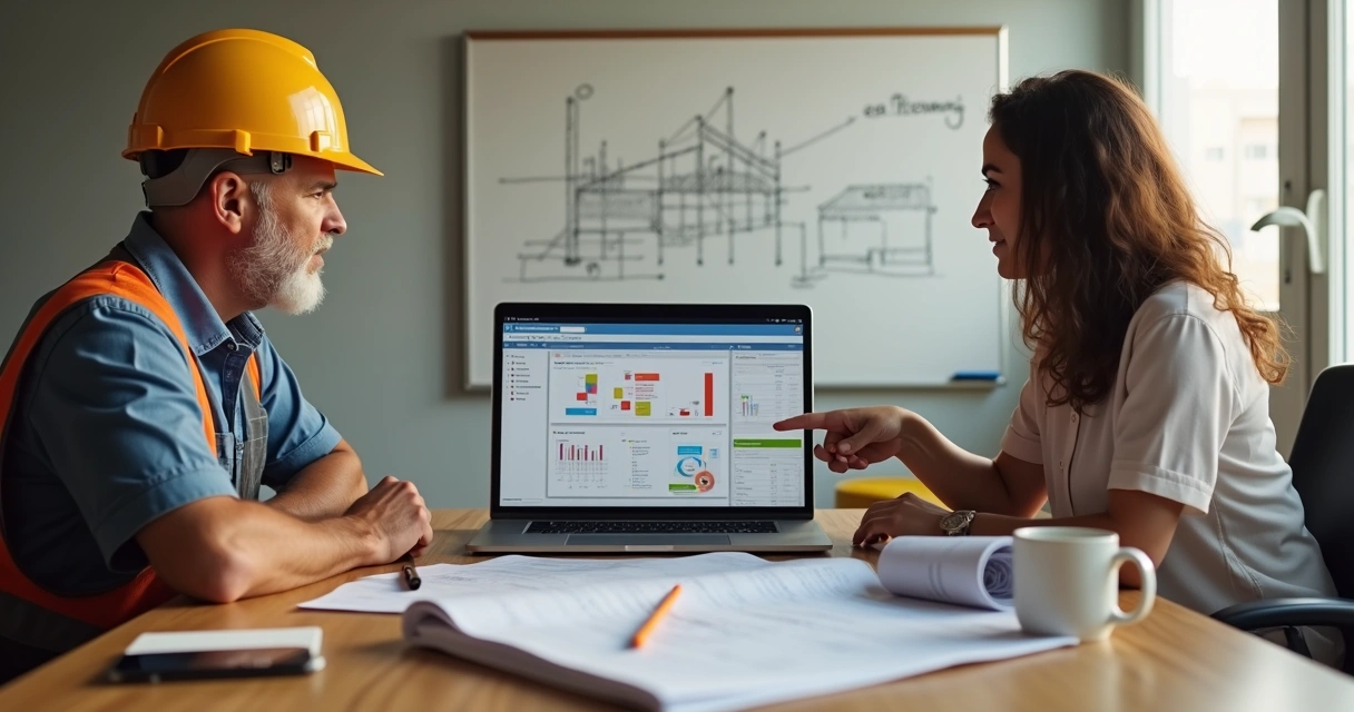 Engenheiro de obra recebendo ajuda para usar software de gestão no notebook 