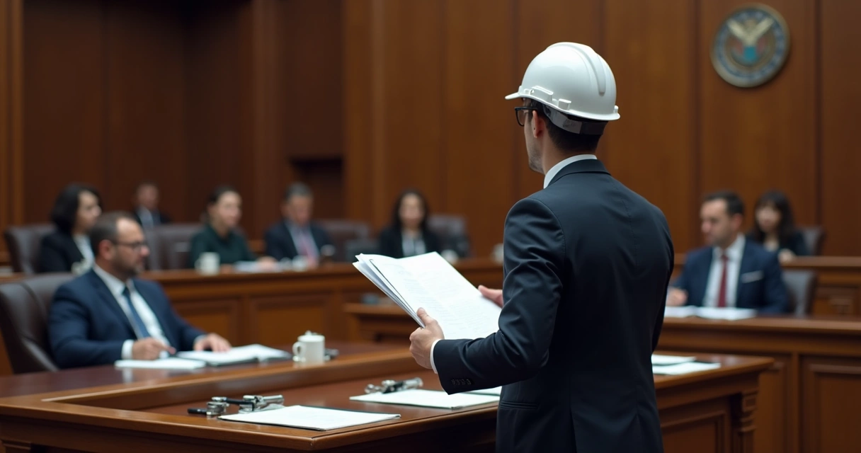 Engenheiro apresentando parecer técnico judicial em tribunal 