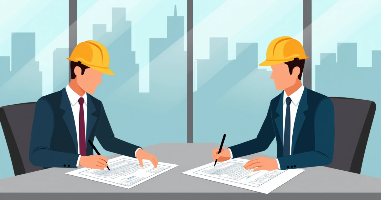 Engenheiro e arquiteto assinando contrato com cliente em mesa de reuniões 