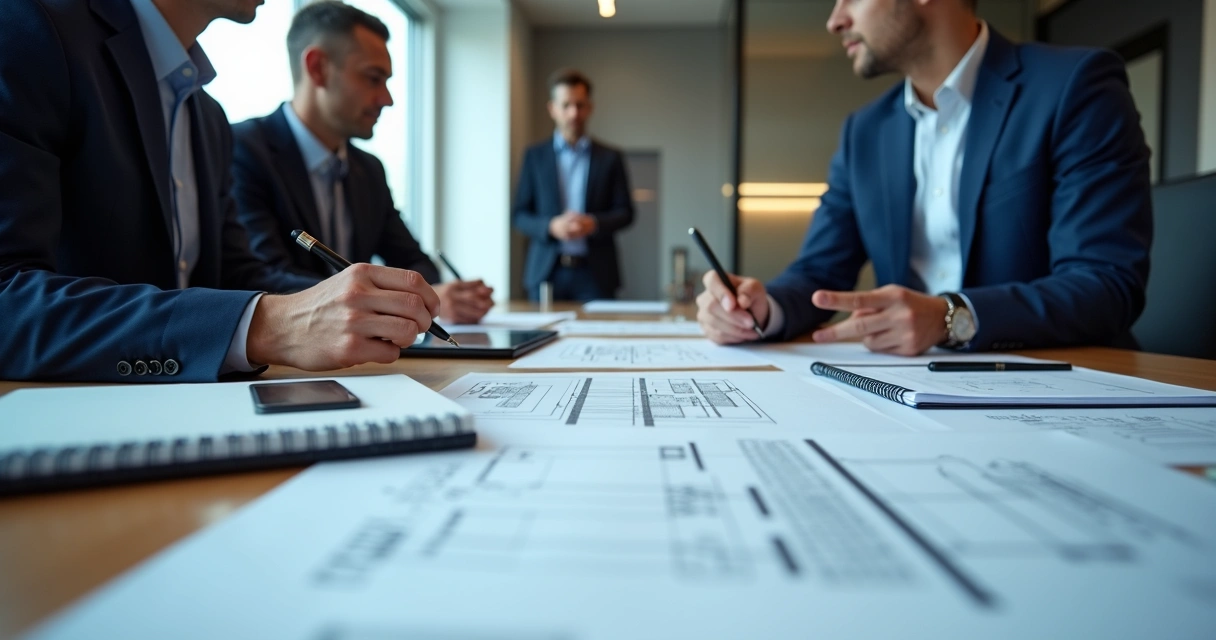 Engenheiros reunidos analisando documentos técnicos em uma mesa de reunião 