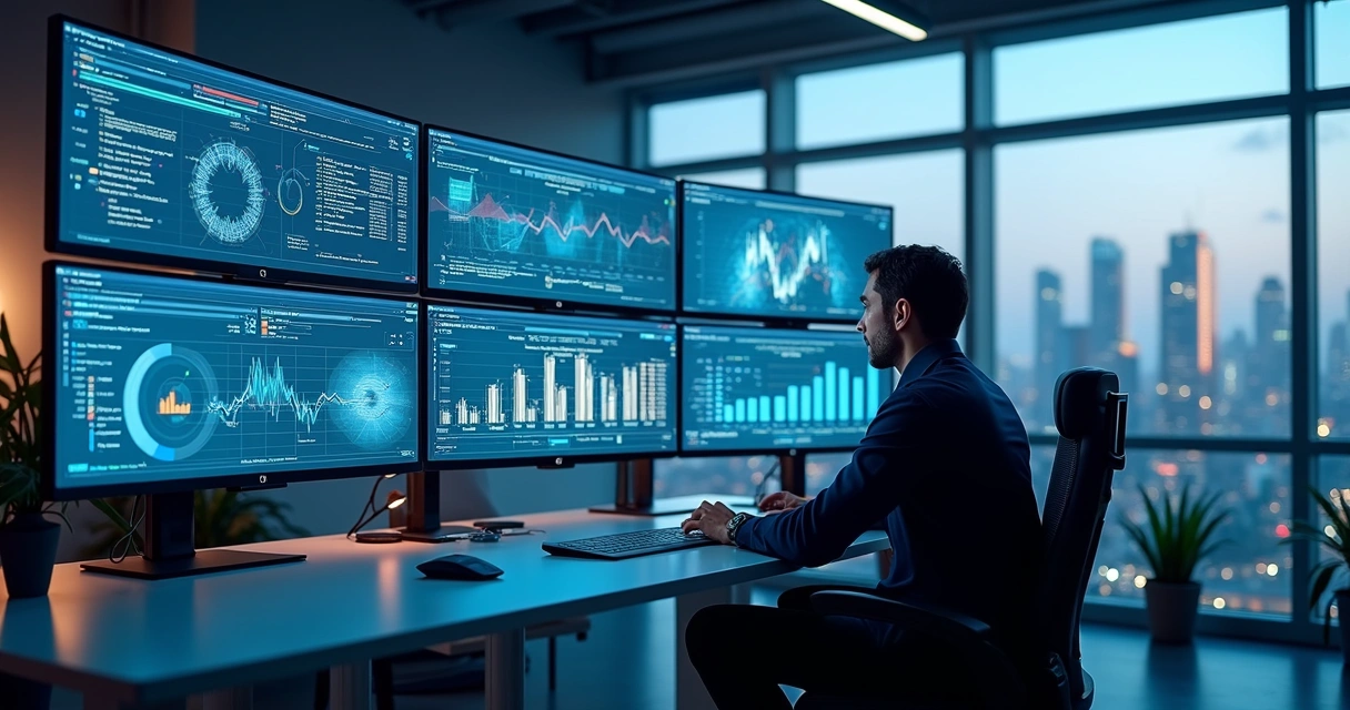 Engenheiro de GTM trabalhando com automação e análise de dados em múltiplas telas de computador 