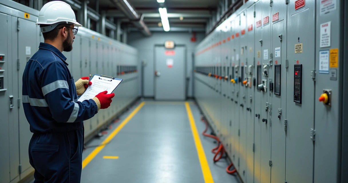 Engenheiro conferindo painel de cabine primária industrial desenergizada