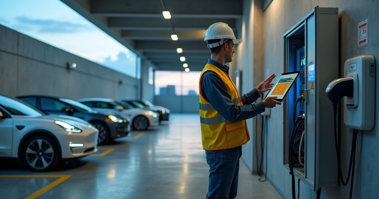Engenheiro analisa quadro elétrico de condomínio com carregadores para veículos na garagem 