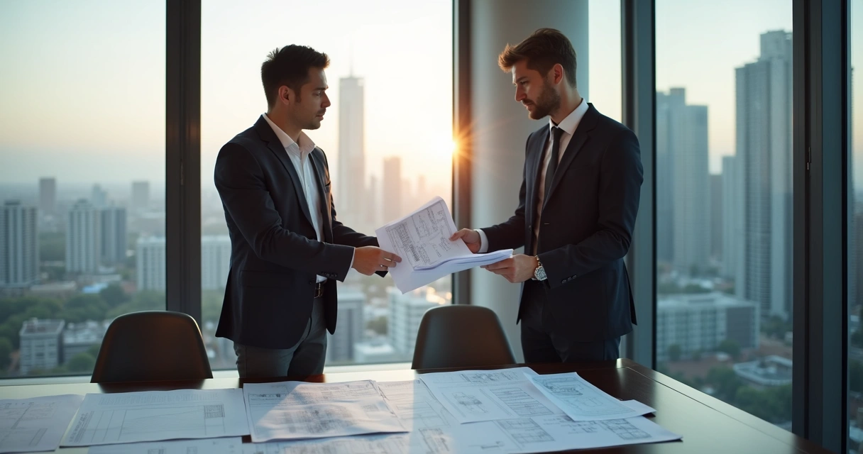 Engenheiro apresentando laudo técnico a síndico em sala de condomínio 