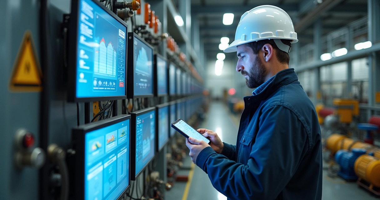 Engenheiro checa equipamento com sensores instalados