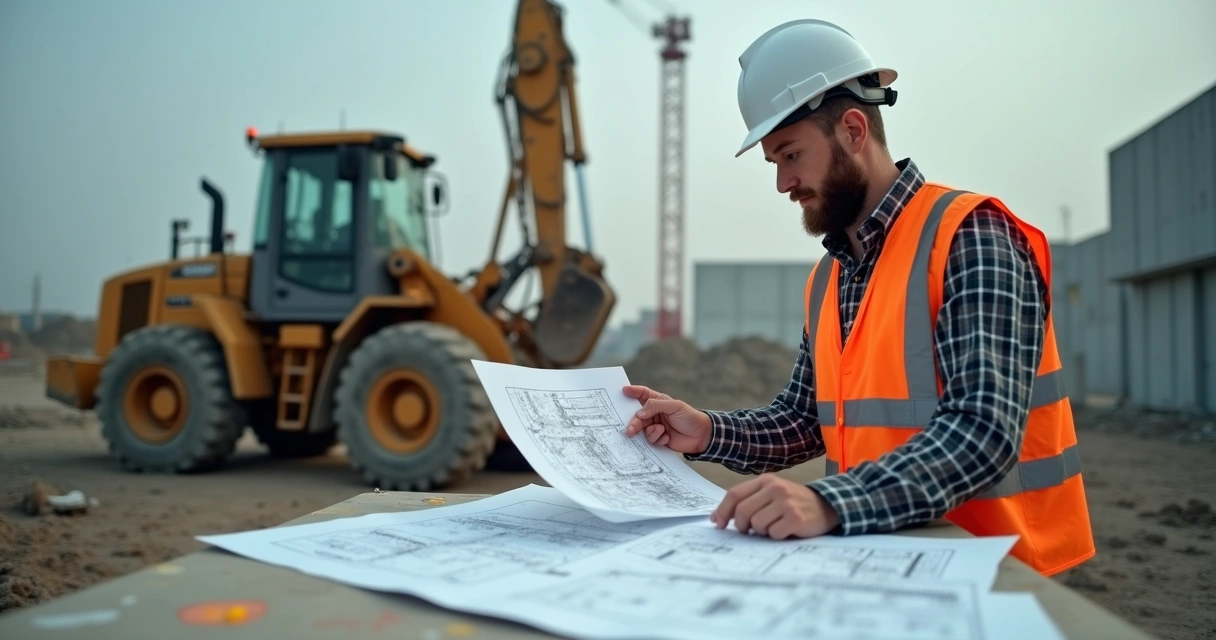 Engenheiro analisa manual de instruções em obra 