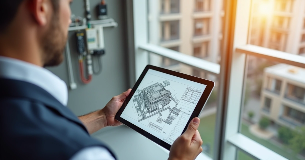 Engenheiro segurando tablet com planta digital em obra finalizada 