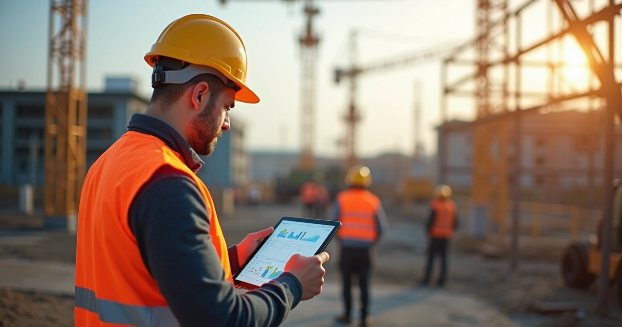 Engenheiro anotando dados da obra em um tablet 