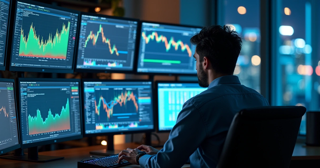 Engenheiro controlando painel de robôs de trading com gráficos 