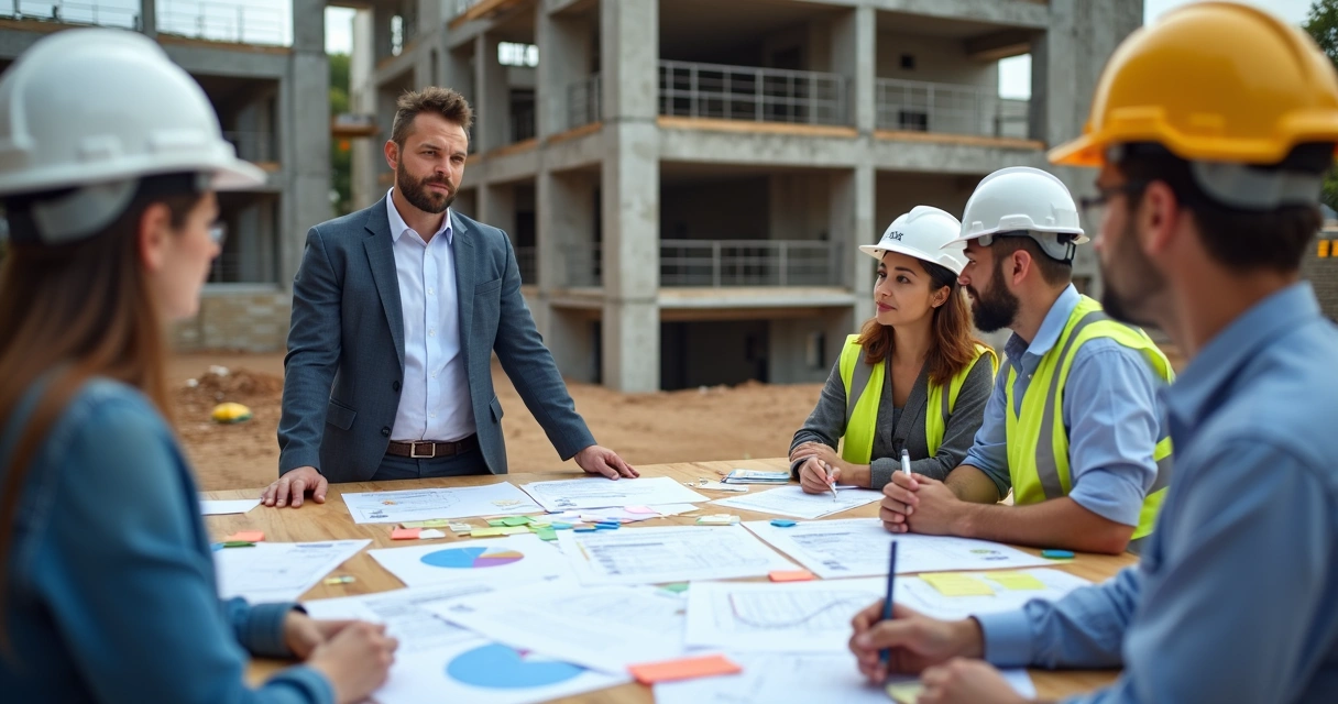 Engenheiro coordenador revisando documentos de riscos de obra 